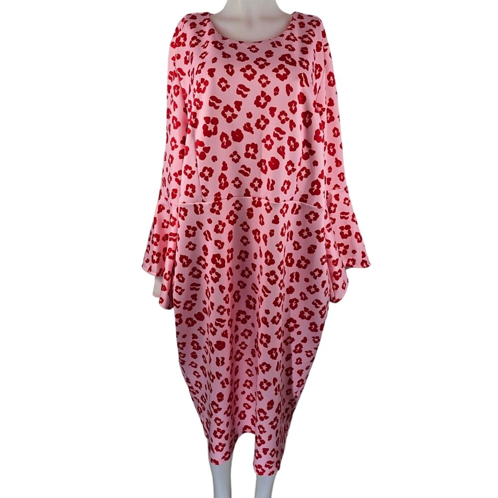 Eloquii Pink Red Floral Bell Sleeve Business Work Wear Dress 22 NWT